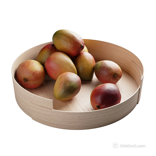 Fresh Ripe Mangoes in Round Wooden Tray Displaying Juicy Tropical Fruits 3d model 