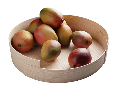 Fresh Ripe Mangoes in Round Wooden Tray Displaying Juicy Tropical Fruits 3d model