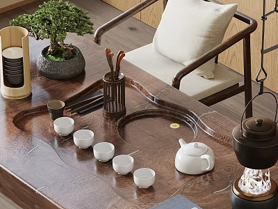 Traditional Chinese Tea Set With Wooden Table Ceramic Cups Teapot Tray And Green Plant 3d model
