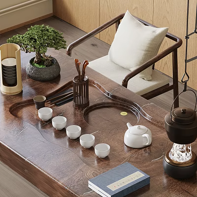 Traditional Chinese Tea Set With Wooden Table Ceramic Cups Teapot Tray And Green Plant 3d model