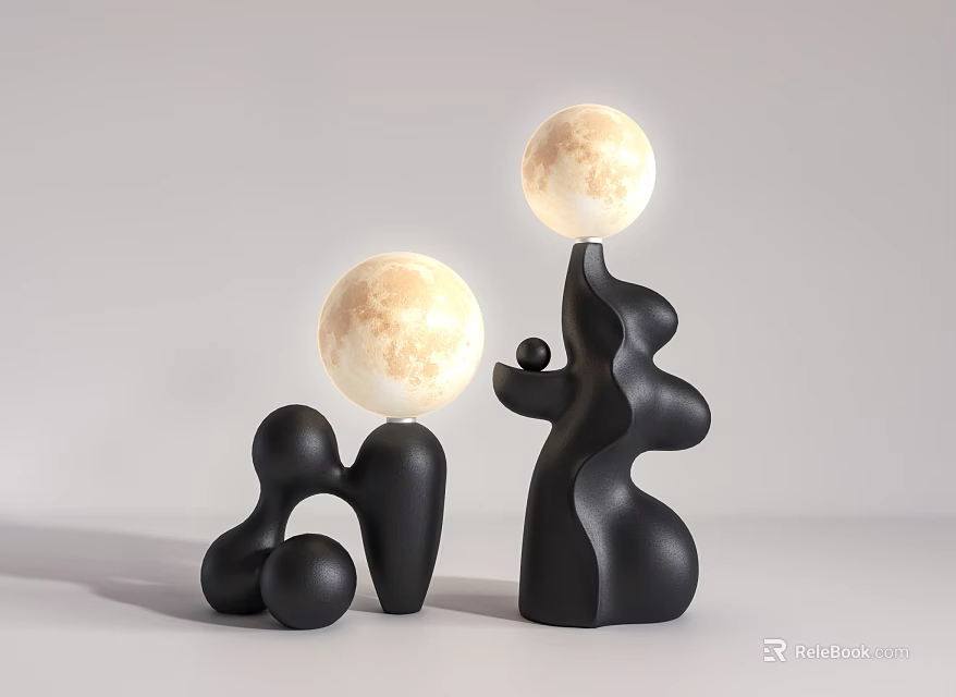Modern Black Table Lamps With Unique Irregular Base And Moon Like Glowing Spheres 3d model 