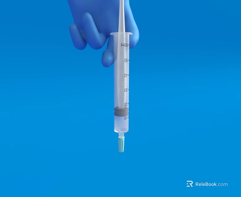 Blue Gloved Hand Holding Clear Syringe With Measurement Markings On Blue Background 3d model 