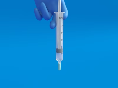Blue Gloved Hand Holding Clear Syringe With Measurement Markings On Blue Background 3d model