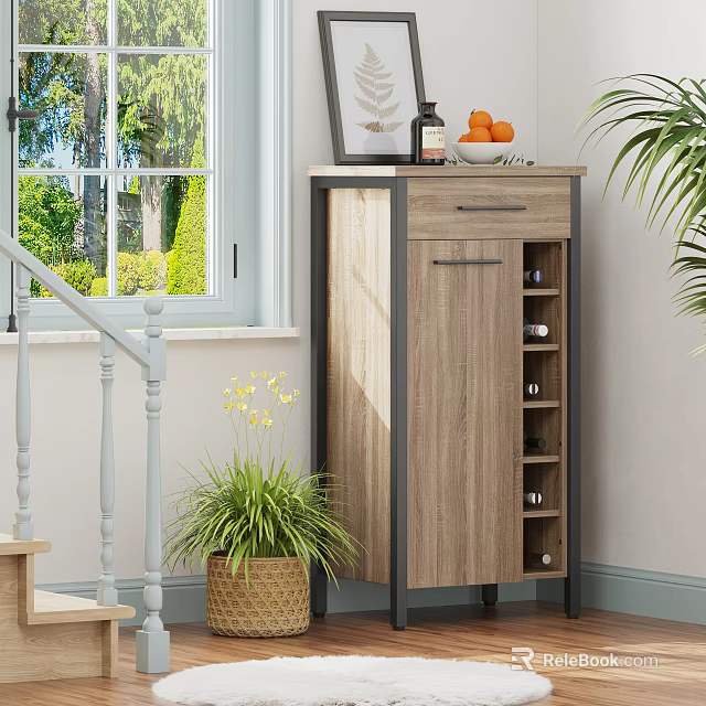 Modern Wooden Entryway Cabinet Sideboard Design With Natural Light Plants And Window View 3d model 