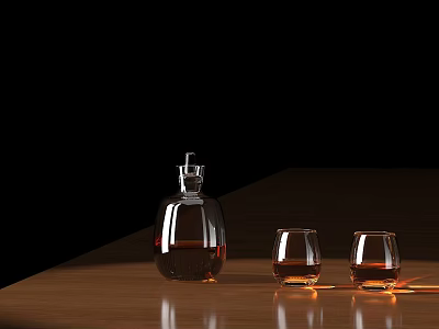 Elegant Wine Bottle And Two Glasses With Liquid On Wooden Table Black Background 3d model