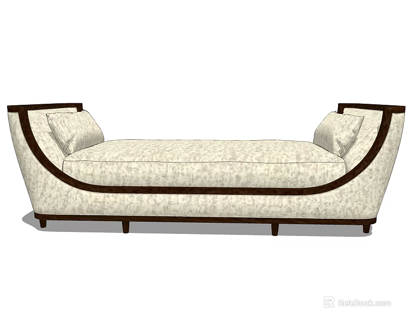 Modern Sofa Bench With Beige Upholstery Dark Wood Trim And Pillows 3d model 