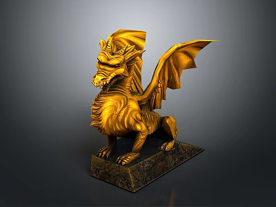 Golden Dragon Mythical Creature Statue With Spread Wings On Dark Stone Base Decorative Sculpture 3d model