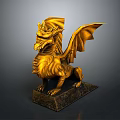 Golden Dragon Mythical Creature Statue With Spread Wings On Dark Stone Base Decorative Sculpture