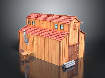 Wooden Cabin with Red Roof Windows Wooden Structure Exterior Bench and Pipes 3d model