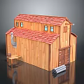 Wooden Cabin with Red Roof Windows Wooden Structure Exterior Bench and Pipes