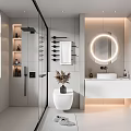 Modern Bathroom Interior With Open Shower Backlit Round Mirror White Vanity And Smart Toilet