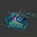 Abstract Blue 3D Model Design With Geometric Shapes Green Elements And Light Lines