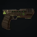 Futuristic Weapon Pistol Design With Green Indicators Yellow Warning Signs And Metallic Grip Texture