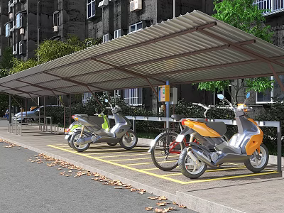 Outdoor Motorcycle Parking Canopy With Corrugated Roof And Metal Frame Near Residential Building 3d model