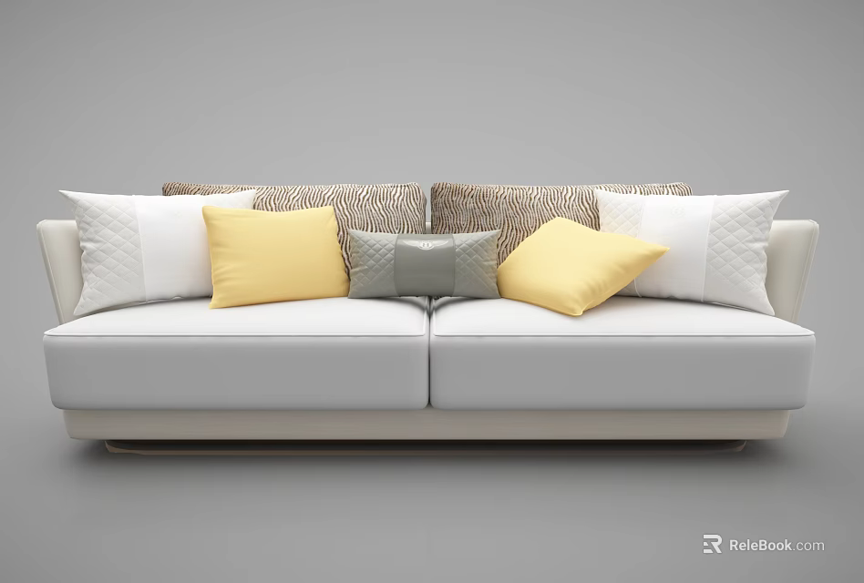 Light Colored Two-Seater Sofa With Yellow Gray White And Patterned Cushions 3d model