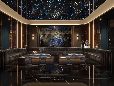 Luxury Modern KTV Interior Design With Starry Ceiling Mural And Leather Sofas 3d model