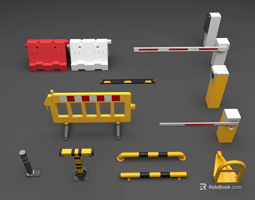 Public Traffic Control Facilities With Red White Yellow Barriers Boom Gates Guardrails And Bollards 3d model 