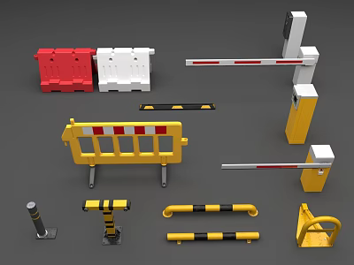 Public Traffic Control Facilities With Red White Yellow Barriers Boom Gates Guardrails And Bollards 3d model