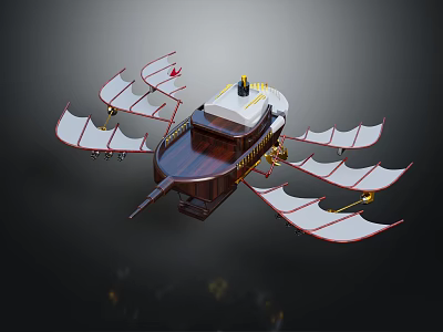Steampunk Flying Airship with Multiple White Wings Dark Hull Top Structure and Yellow Figure 3d model
