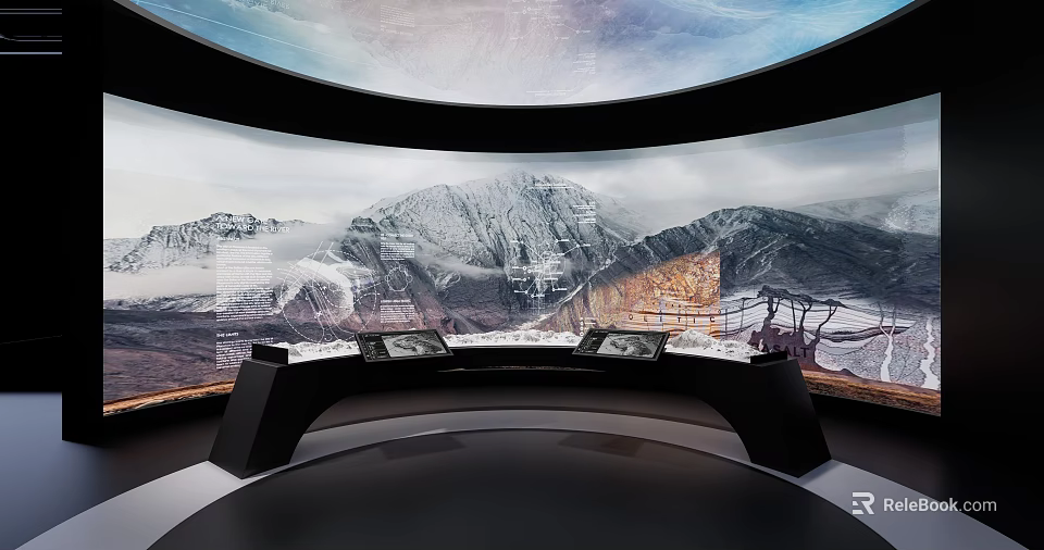Circular Exhibition Space With Curved Console Multiple Screens And Ring Screen Showing Snowy Mountain Landscapes 3d model 