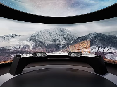 Circular Exhibition Space With Curved Console Multiple Screens And Ring Screen Showing Snowy Mountain Landscapes 3d model