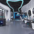 Modern Tech Exhibition Hall Reception Desk With Display Screens Blue Lighting Sofa And Flower Decoration