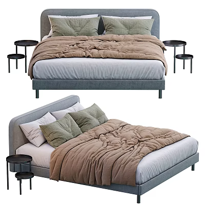 Modern Double Bed Interior With Gray Frame Brown Quilt Green Pillows And Black Nightstands 3d model