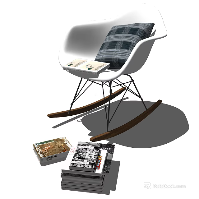 White Leisure Rocking Chair With Plaid Cushion And Wooden Rockers Near Magazines 3d model 