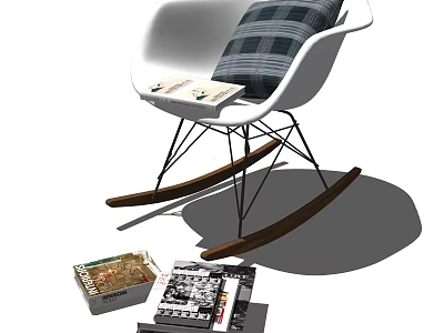 White Leisure Rocking Chair With Plaid Cushion And Wooden Rockers Near Magazines 3d model