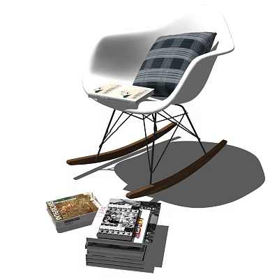White Leisure Rocking Chair With Plaid Cushion And Wooden Rockers Near Magazines 3d model