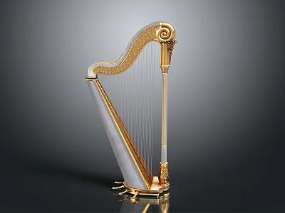 Elegant Golden And White Classical Harp With Decorative Carvings And Musical Strings 3d model