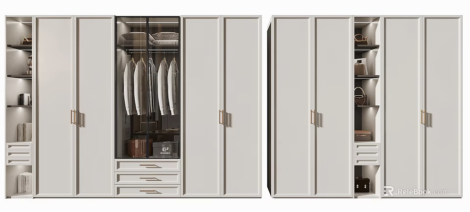 Modern White Wardrobe with Glass Door Hanging Space Drawers and Open Shelves 3d model 