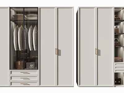 Modern White Wardrobe with Glass Door Hanging Space Drawers and Open Shelves 3d model