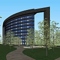 Modern Office Building With Glass Curtain Walls Multi Storey Structure And Surrounding Trees