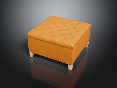Modern Orange Square Ottoman With Tufted Button Design And Wooden Legs 3d model