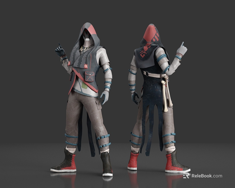 Game Movie Character With Hooded Outfit Dual Color Gray Red Black Strapped Details And Boots 3d model 