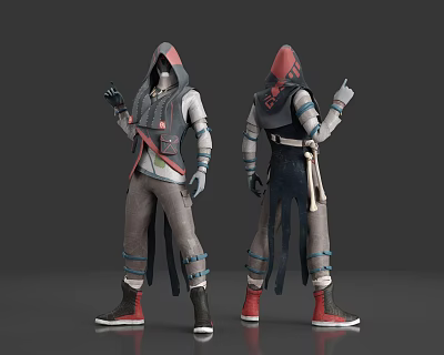 Game Movie Character With Hooded Outfit Dual Color Gray Red Black Strapped Details And Boots 3d model