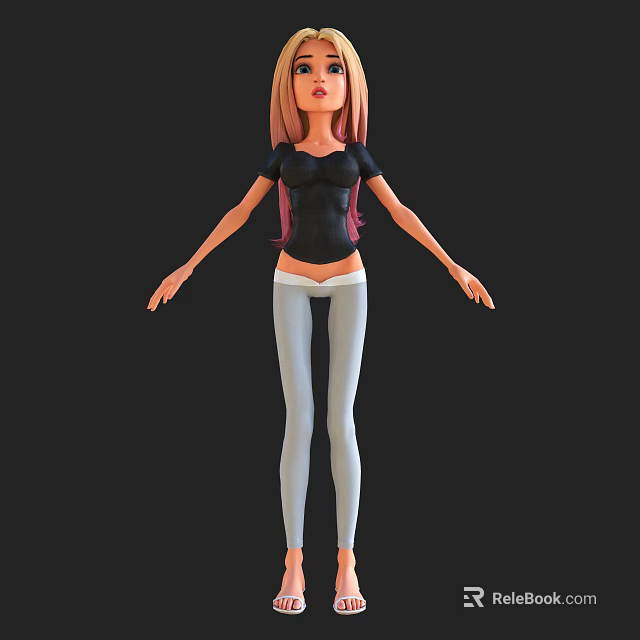 Anime Style 3D Game Movie Character with Pink Hair Black Top and White Pants 3d model 