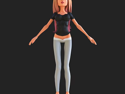 Anime Style 3D Game Movie Character with Pink Hair Black Top and White Pants 3d model
