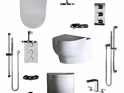 Modern Toilet And Essential Bathroom Accessories Like Grab Bars Faucet And Seat 3d model