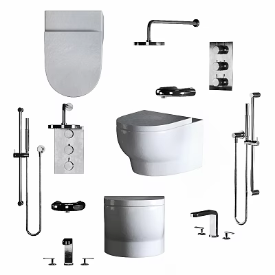 Modern Toilet And Essential Bathroom Accessories Like Grab Bars Faucet And Seat 3d model