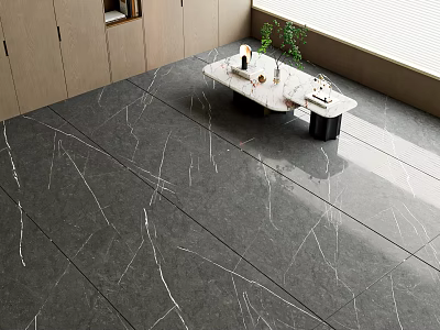 Modern Dark Gray Marble Veined Floor Tiles In Living Room 3d model