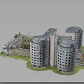 Modern Residential Building Complex With Circular Cylindrical Towers And Central Green Courtyard