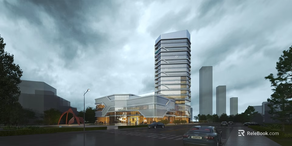 Modern Commercial Complex With Glass Curtain Walls Tall Tower And Surrounding Urban Plaza Design 3d model 