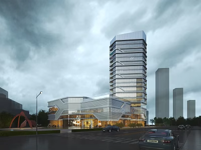 Modern Commercial Complex With Glass Curtain Walls Tall Tower And Surrounding Urban Plaza Design 3d model