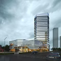 Modern Commercial Complex With Glass Curtain Walls Tall Tower And Surrounding Urban Plaza Design