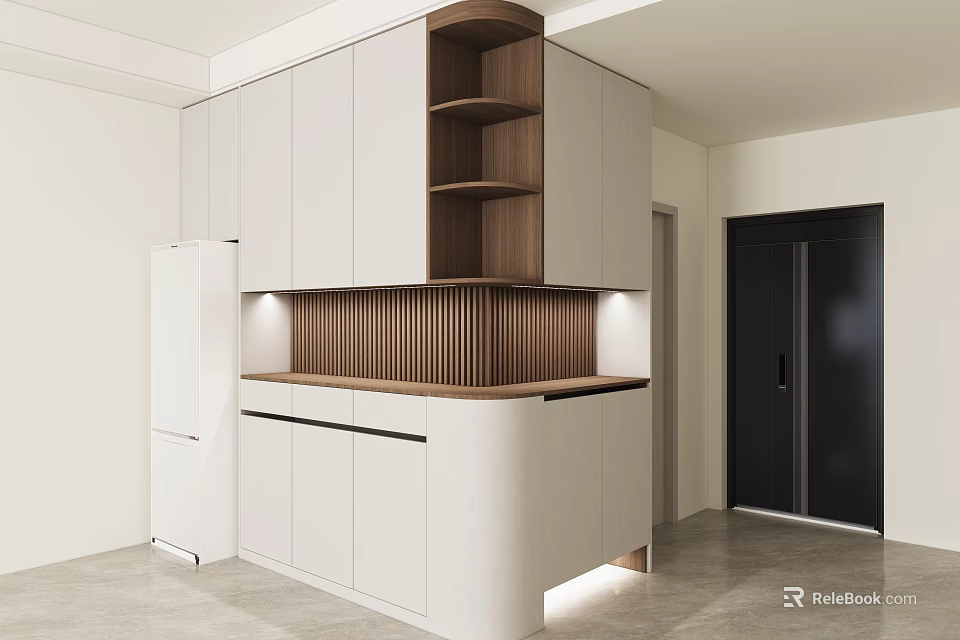 Modern White Wooden Sideboard With Shelves Countertop And Illuminated Design In Kitchen Area 3d model 