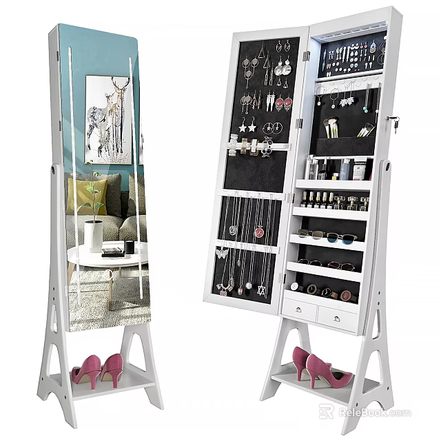 Modern Hallway Cabinet Sideboard With Full Length Mirror Jewelry Hooks Drawers And Shoe Storage 3d model 
