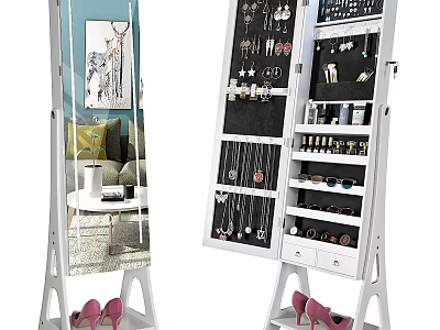 Modern Hallway Cabinet Sideboard With Full Length Mirror Jewelry Hooks Drawers And Shoe Storage 3d model