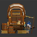 Cartoon Covered Wagon In A Scene With Barrels Crates And Supplies